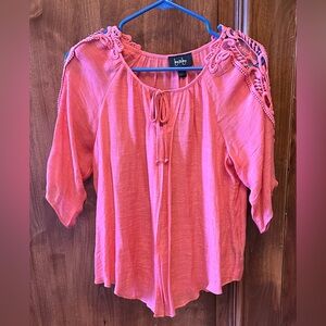 Coral Crochet-Shoulder Peasant Top